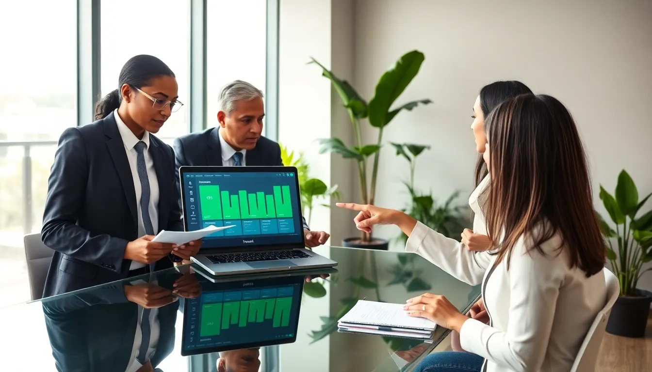 diverse professionals discussing green title and escrow in a modern office.