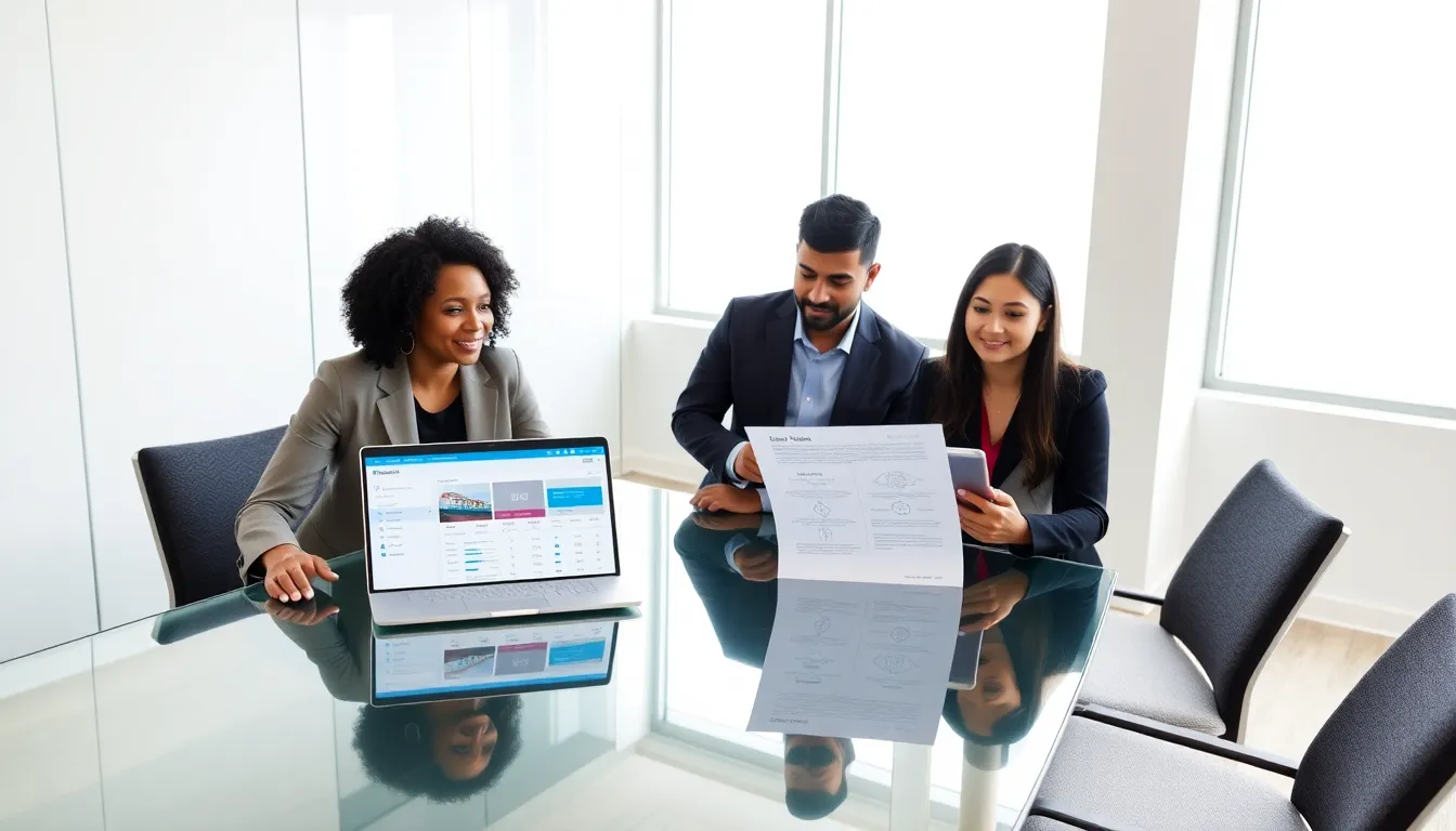 diverse professionals discussing escrow services in a modern office.