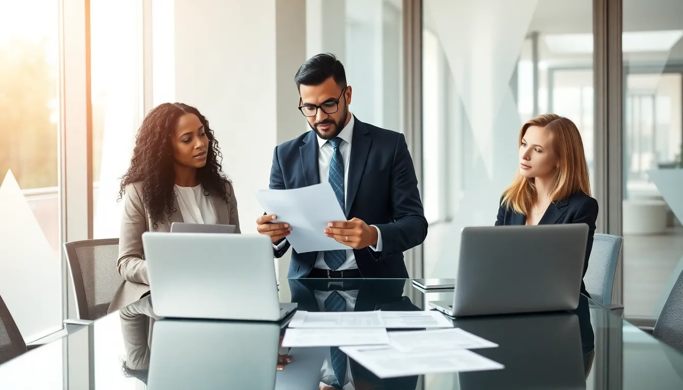 diverse professionals collaborating in a modern office for escrow transactions.