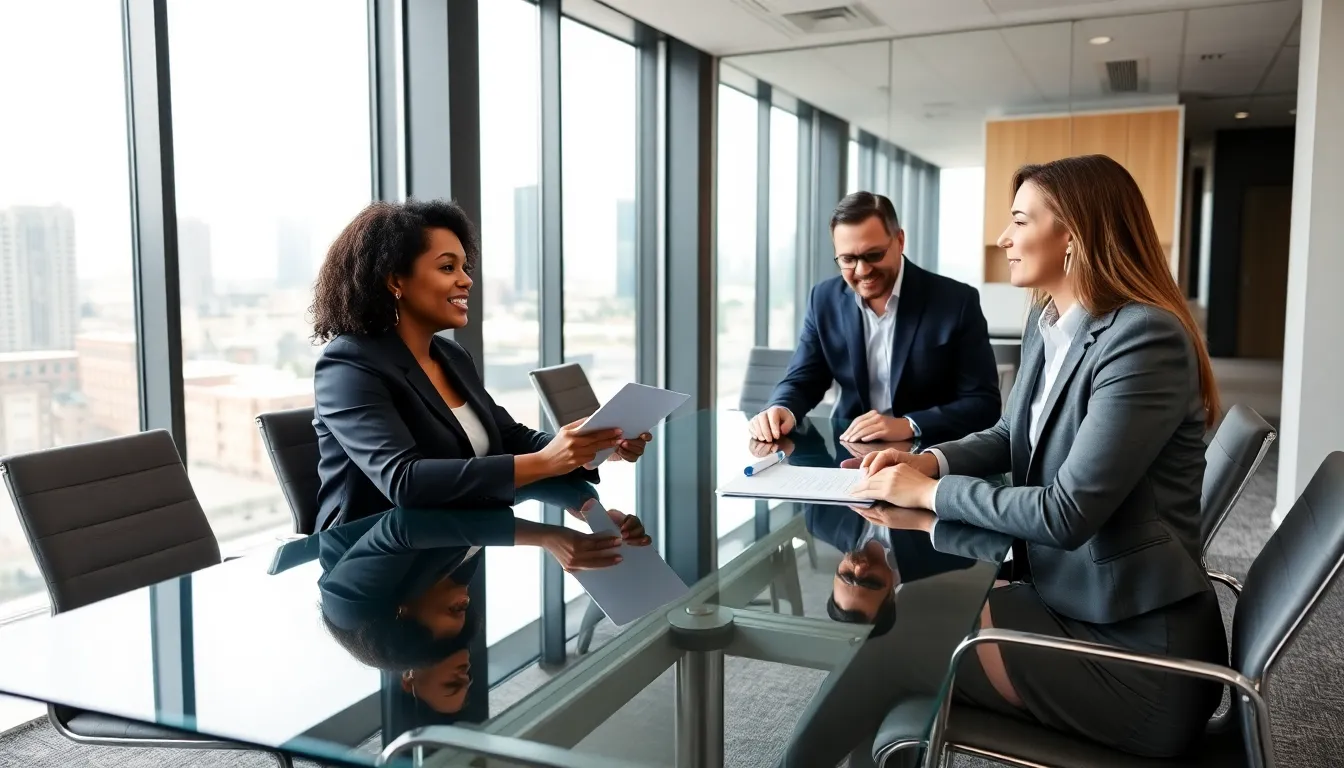 escrow agent discussing the process with clients in a modern office.