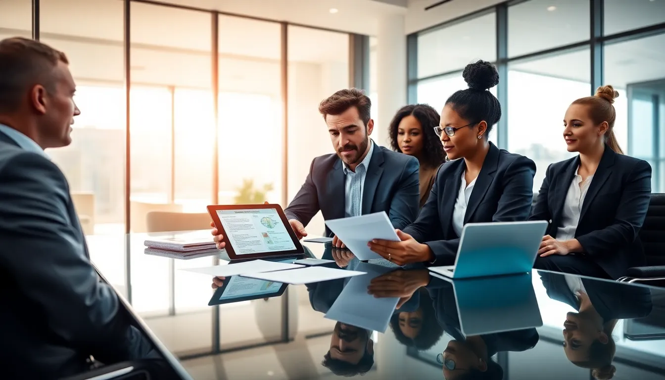 diverse team discussing title and escrow services in a modern conference room.