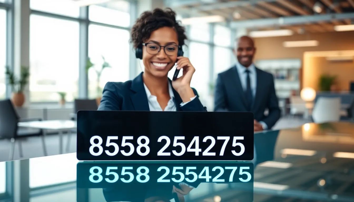 business professional discussing a toll-free number in an office.